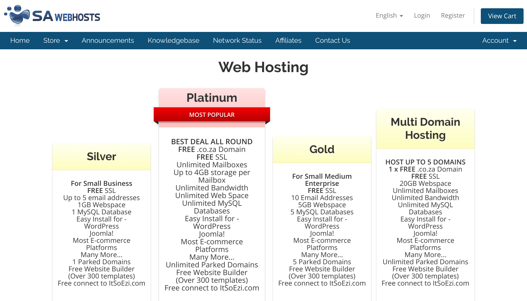SA Webhosts Prices