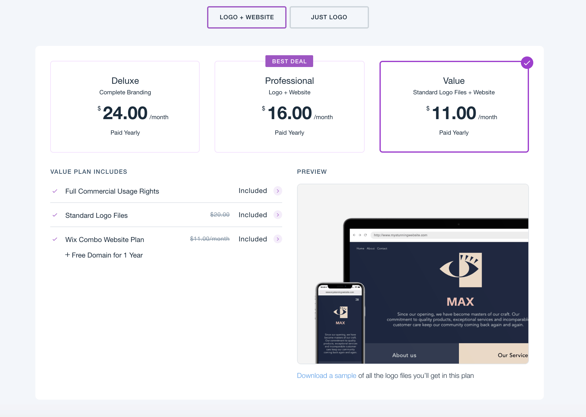 Wix Logo Maker pricing - Logo + Website Value Plan