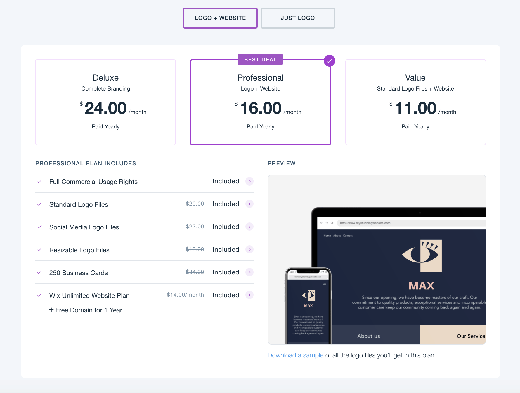 Wix Logo Maker pricing - Logo + Website Professional Plan