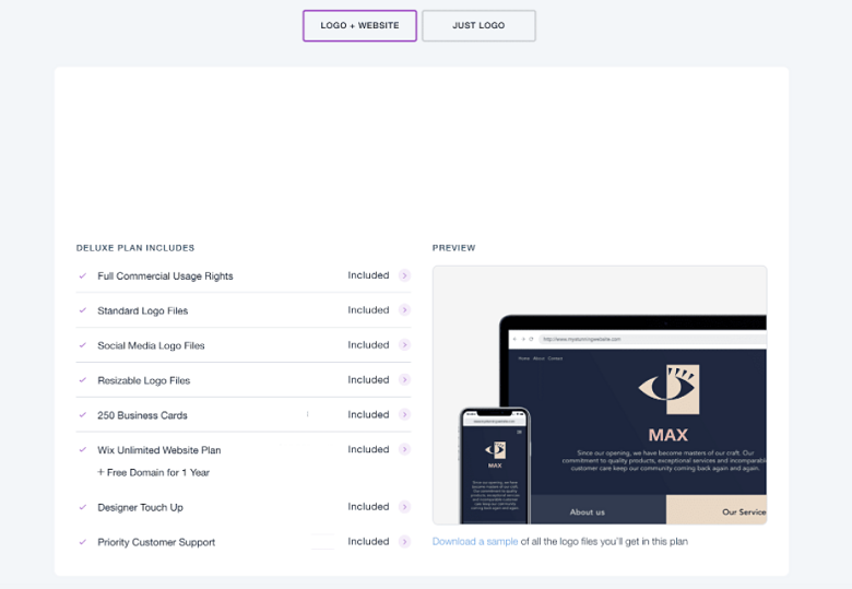 Wix Logo Maker pricing - Logo + Website Deluxe Plan