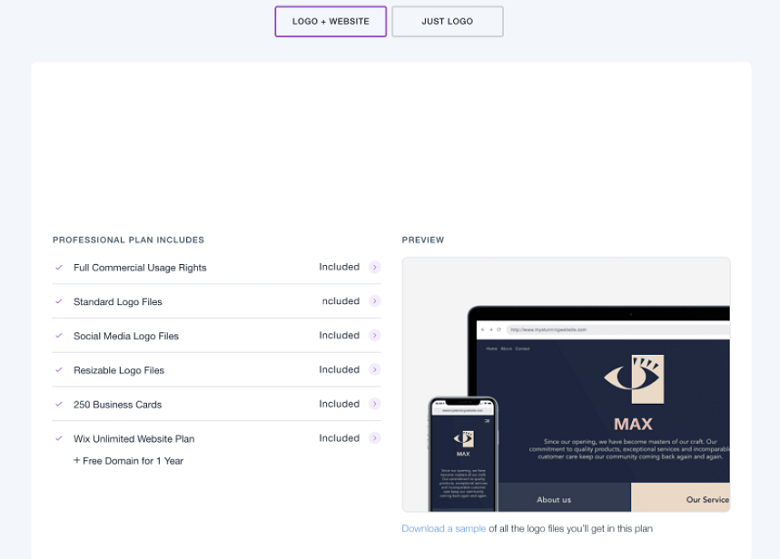 Wix Logo Maker pricing - Logo + Website Professional Plan