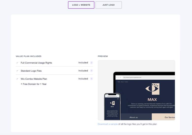 Wix Logo Maker pricing - Logo + Website Value Plan