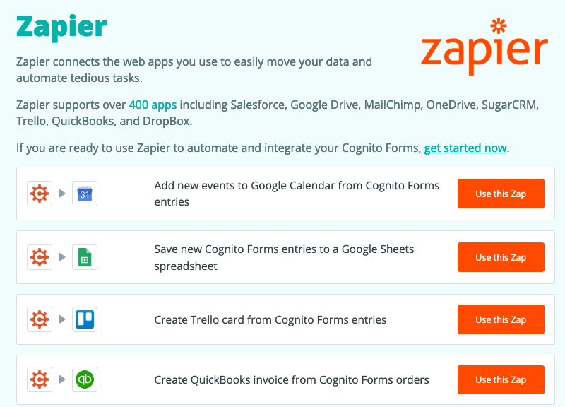 Cognito Forms screenshot - Zapier integrations