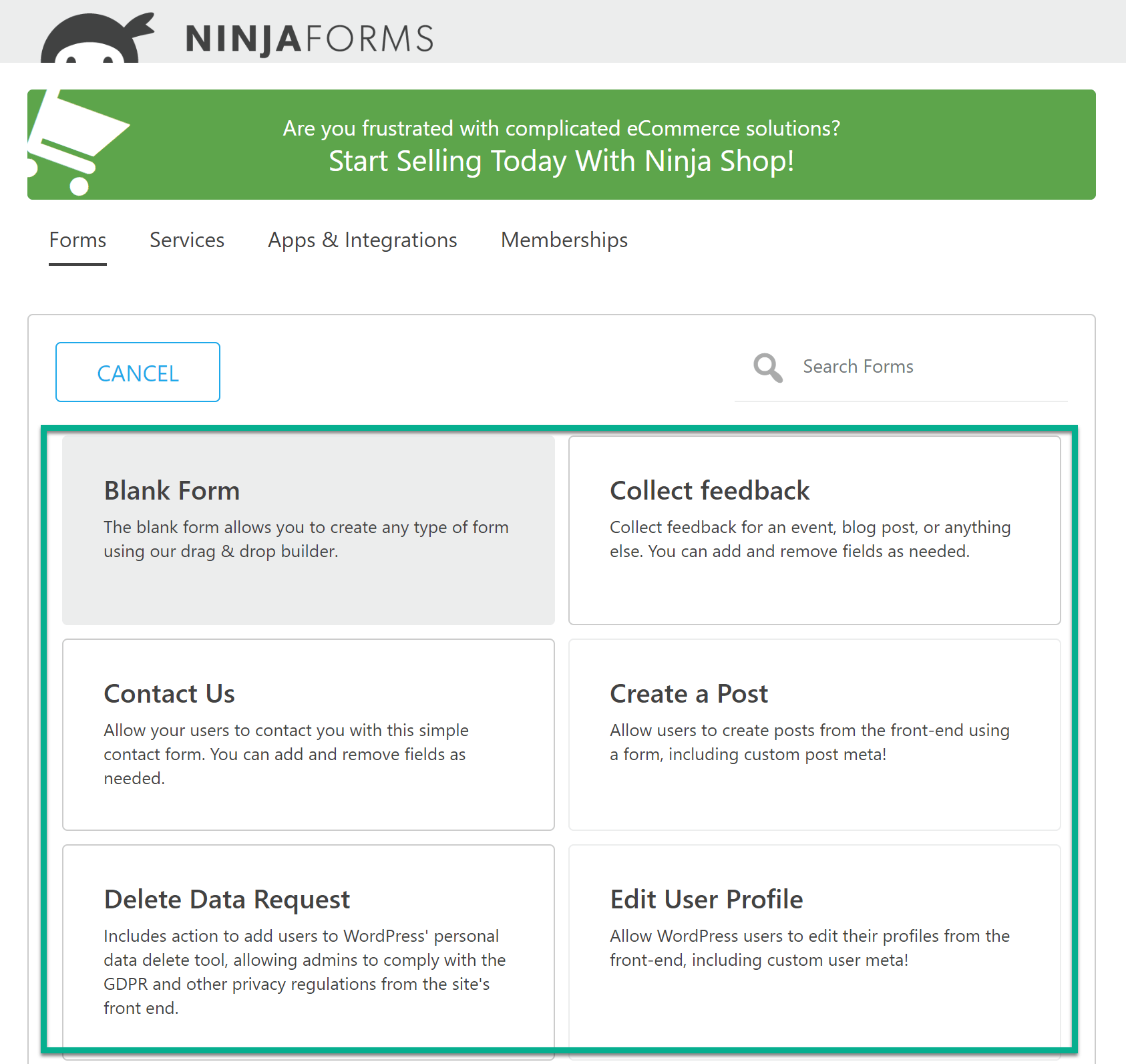 Ninja Forms screenshot - Form templates