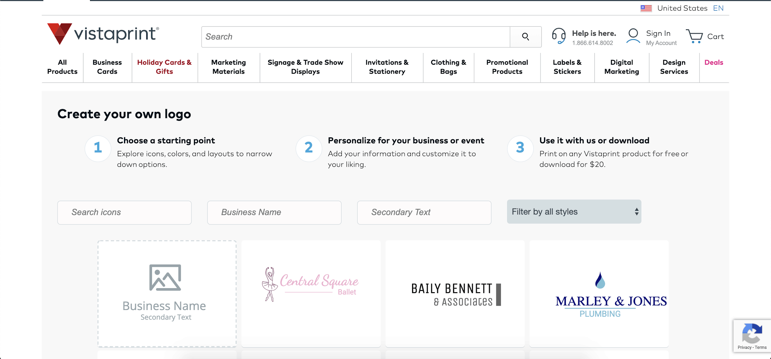 Vistaprint Logo Maker review - homepage screenshot