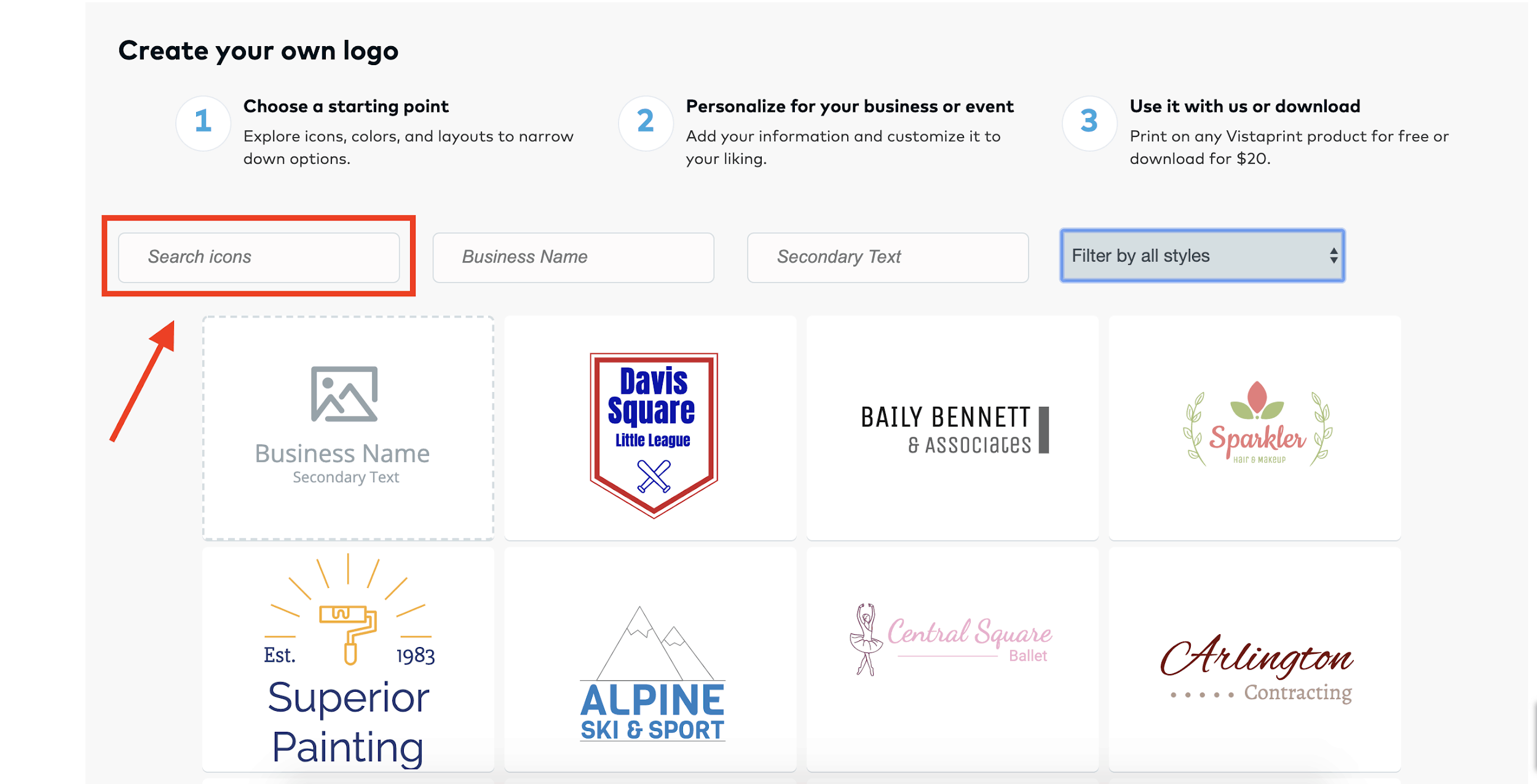 Vistaprint logo maker screenshot - Search icons