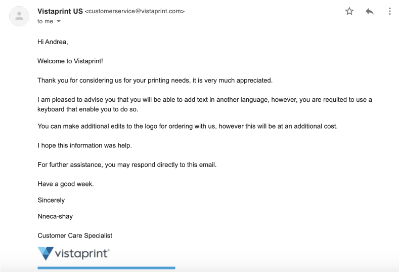 Vistaprint logo maker screenshot - Support email