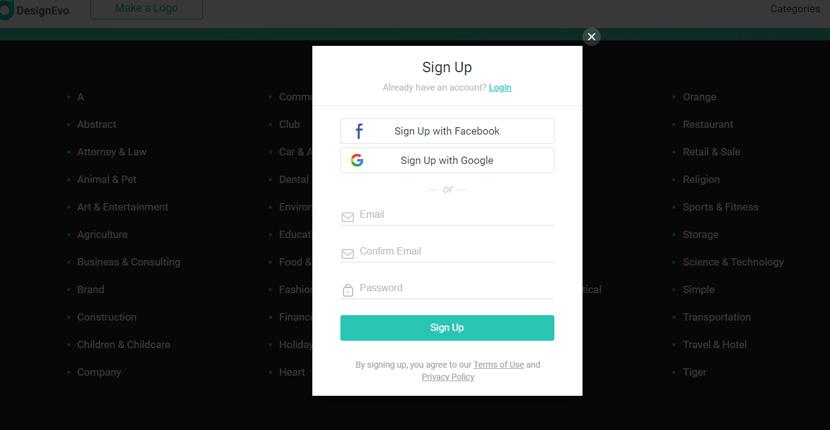 DesignEvo screenshot - Signup screen