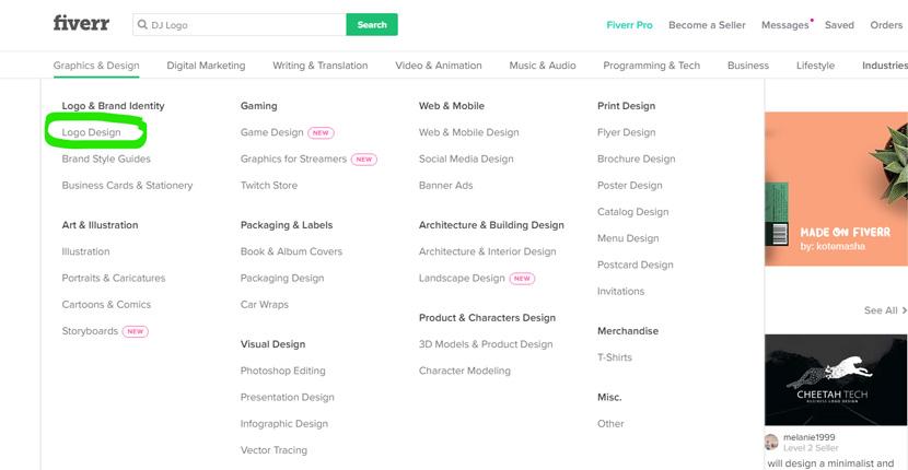 Fiverr screenshot - Design categories