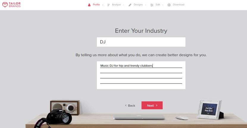 Tailor Brands screenshot - Enter your industry