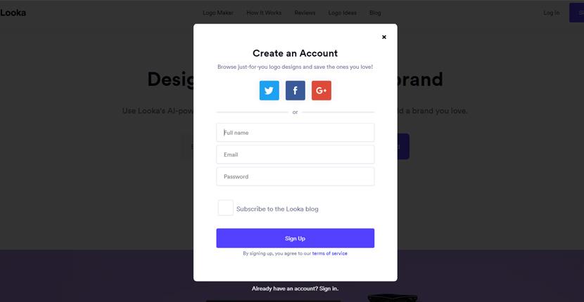 Looka screenshot - Create an Account