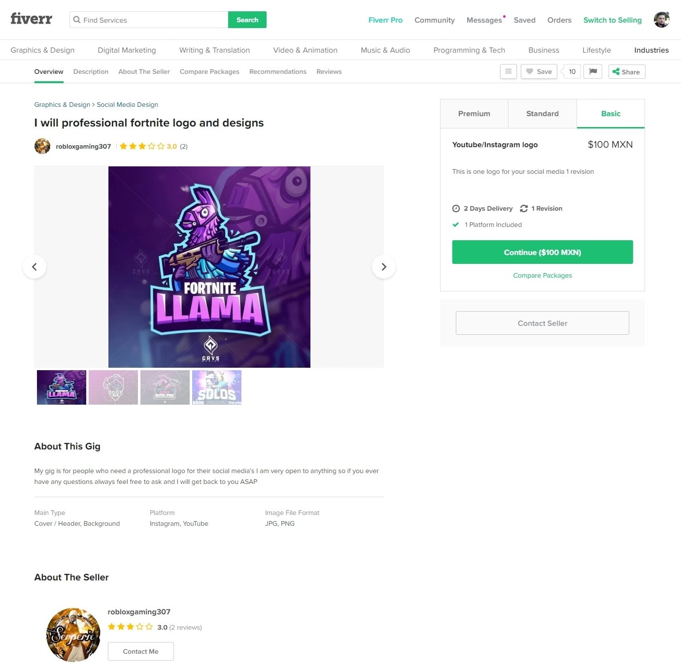 Fiverr screenshot - Fornite logo designer profile