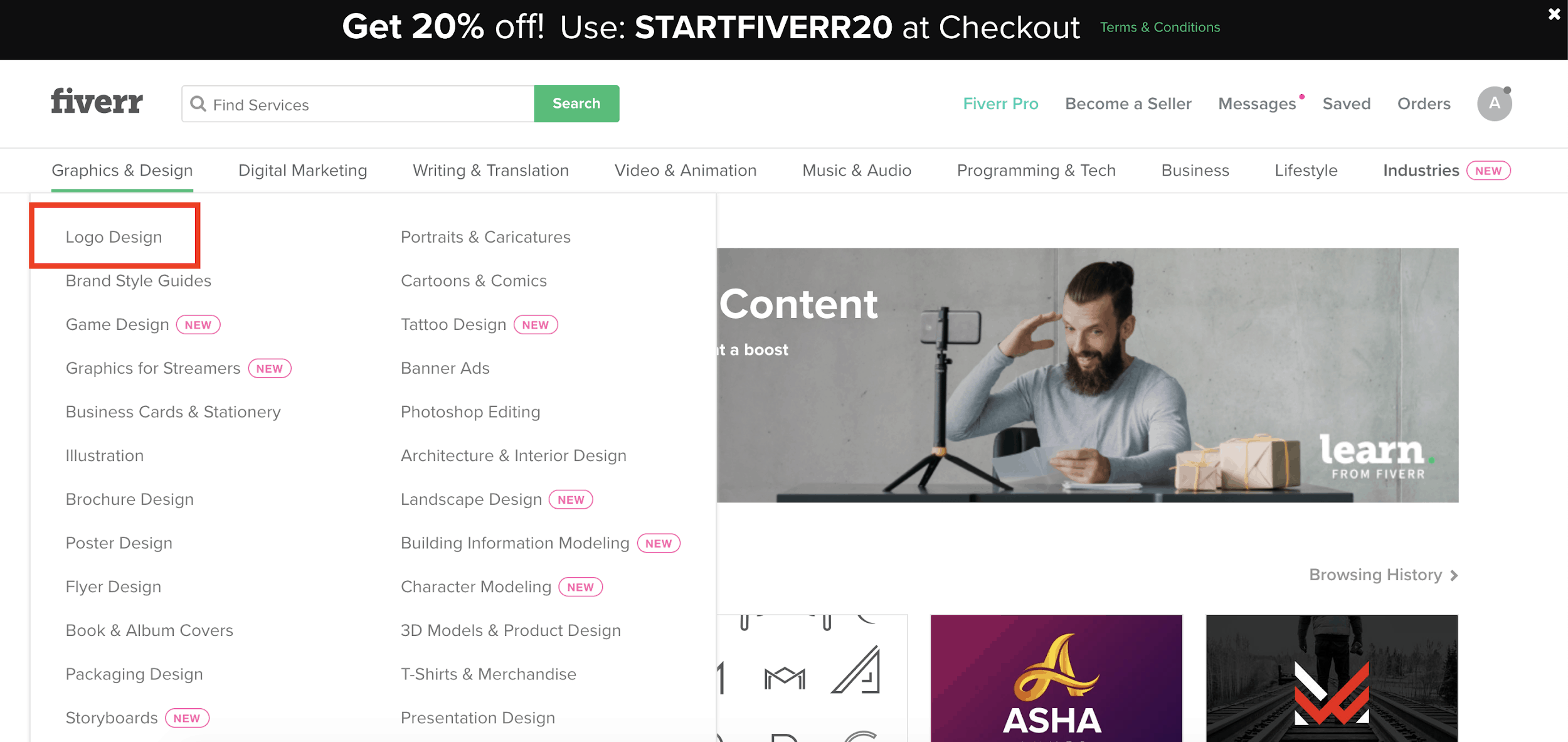 Fiverr screenshot - Graphics & Design menu