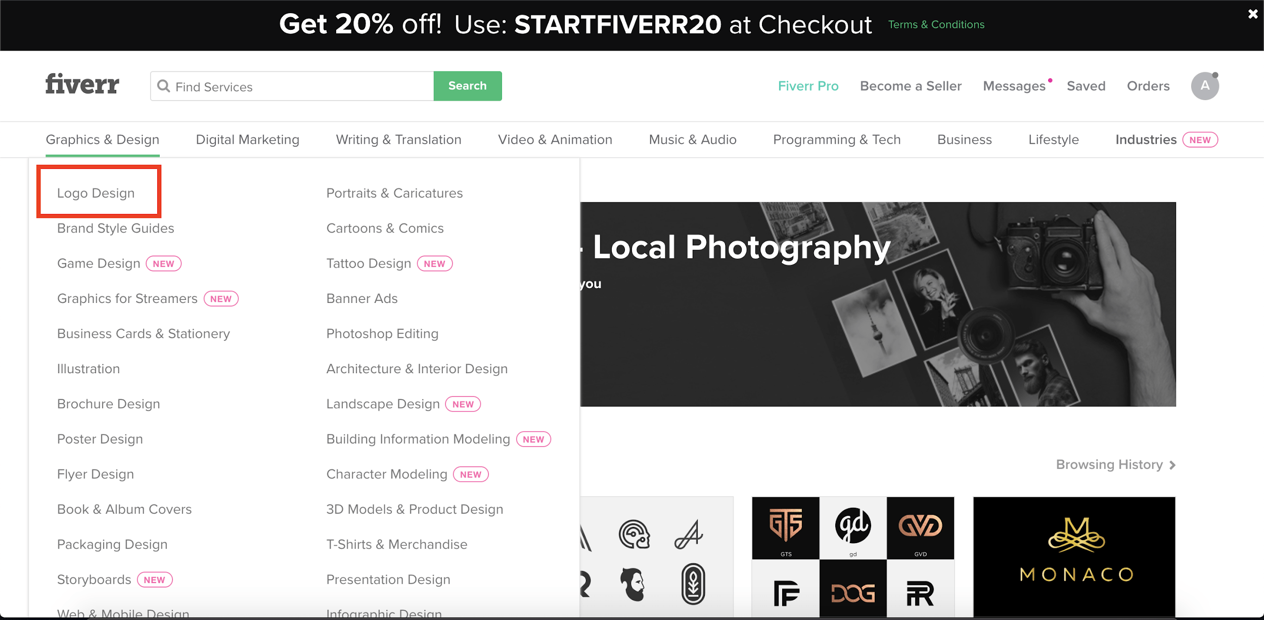 Fiverr screenshot - Graphics & Design menu