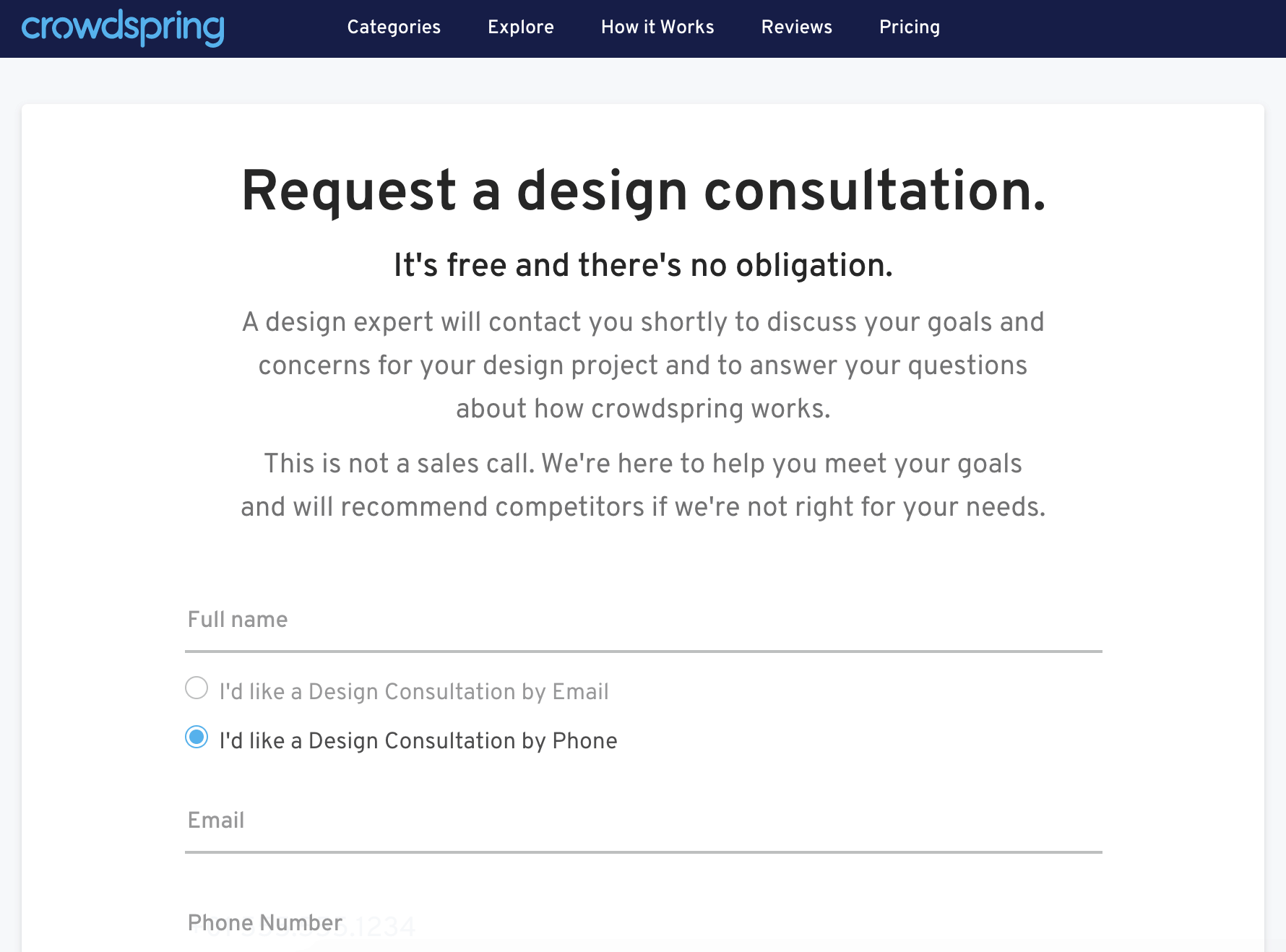 Crowdspring screenshot - free design consultation