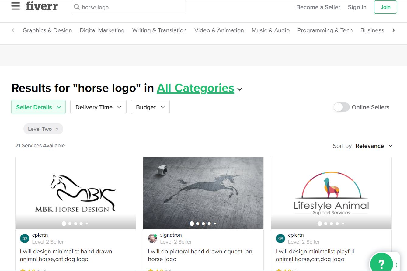 Fiverr screenshot - horse logo designers