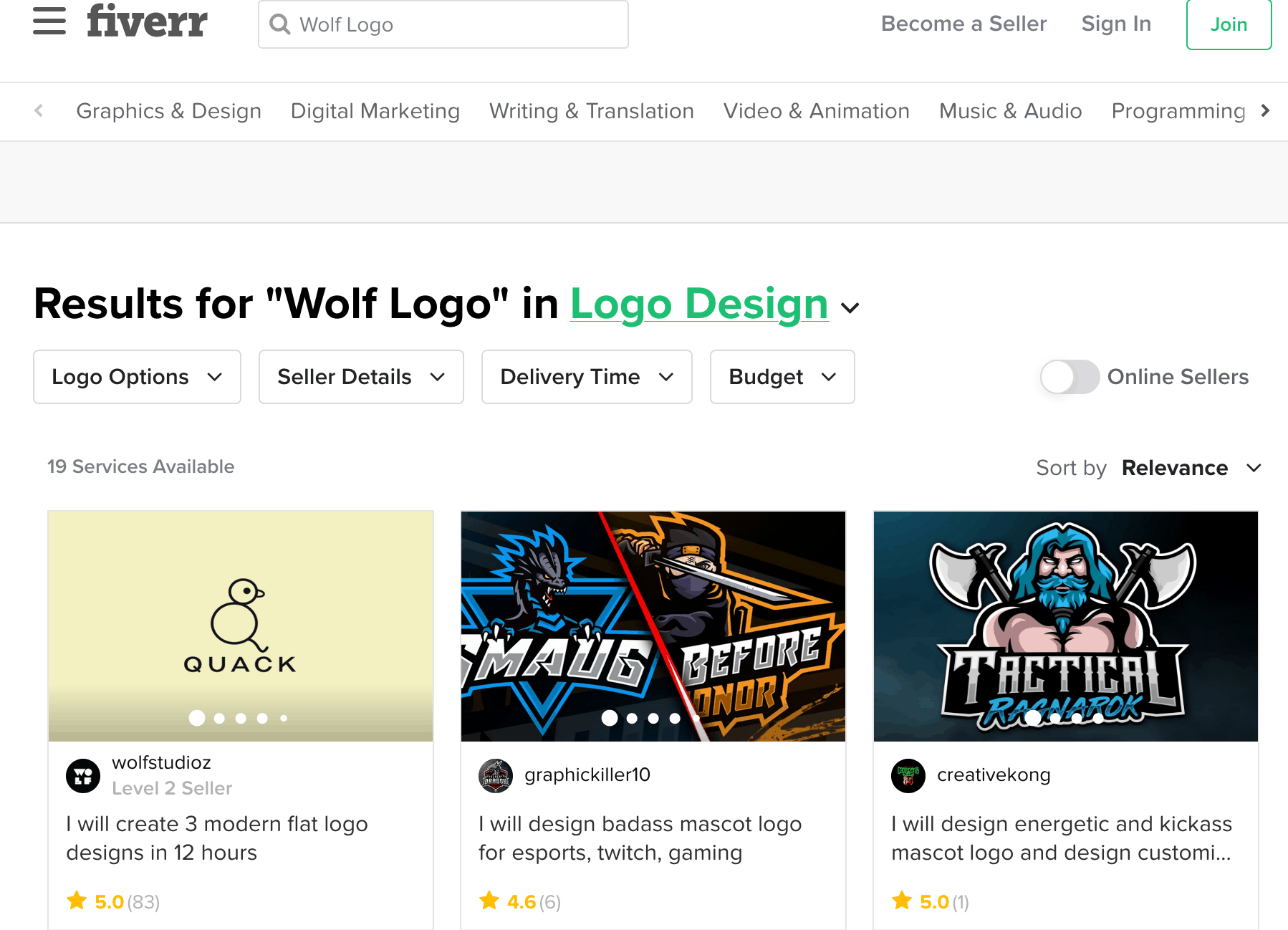 Fiverr screenshot - Wolf logo designers