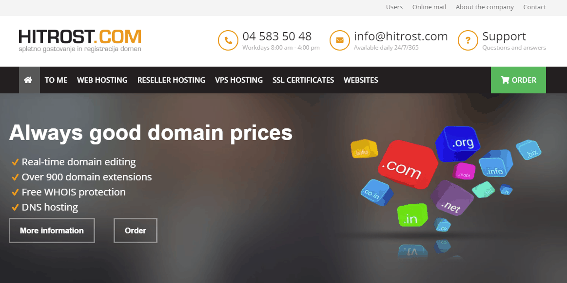 Domains Hosting SSL certificates Websites Hitrost com