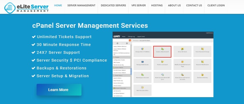 eLite Server Management homepage
