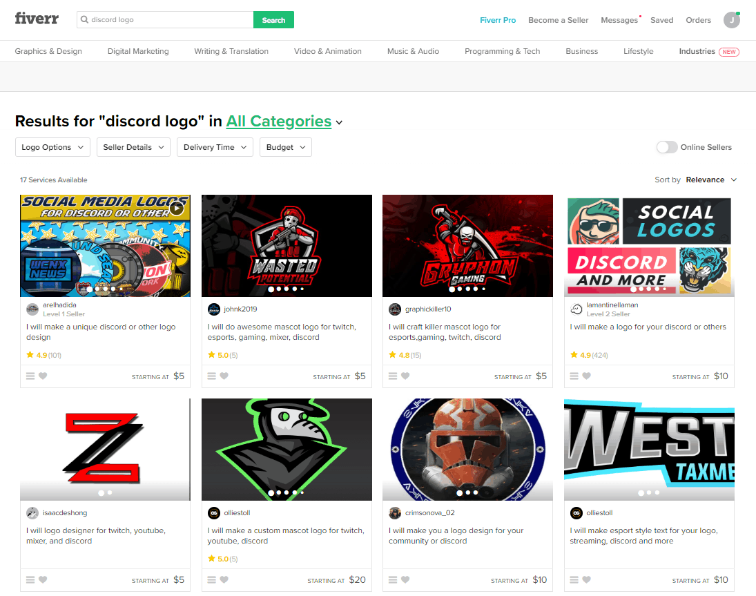 Fiverr screenshot - Discord logo designers