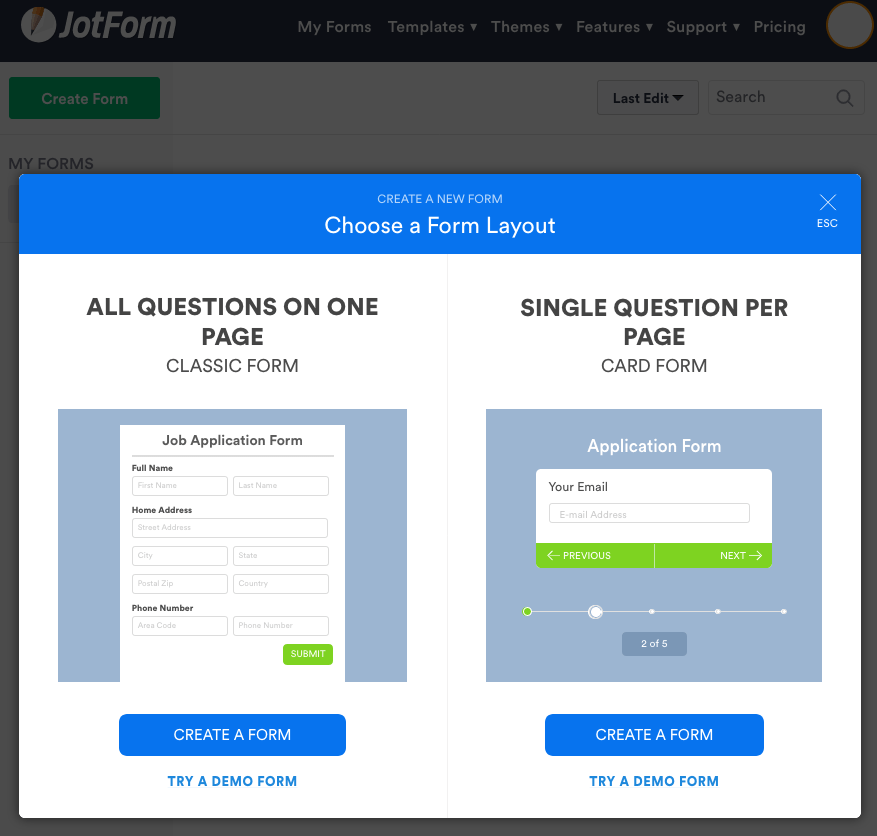 JotForm screenshot - Form layouts