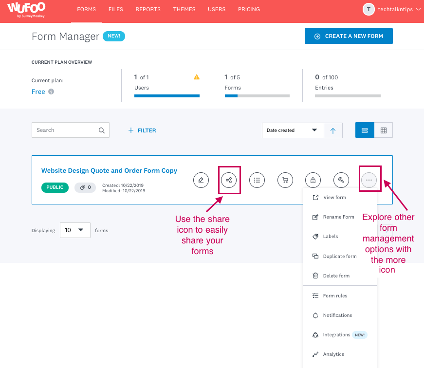 Wufoo screenshot - Form Manager
