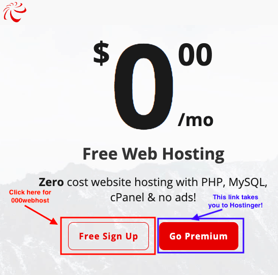 Screenshot of 000webhost’s ‘Free Web Hosting’ options