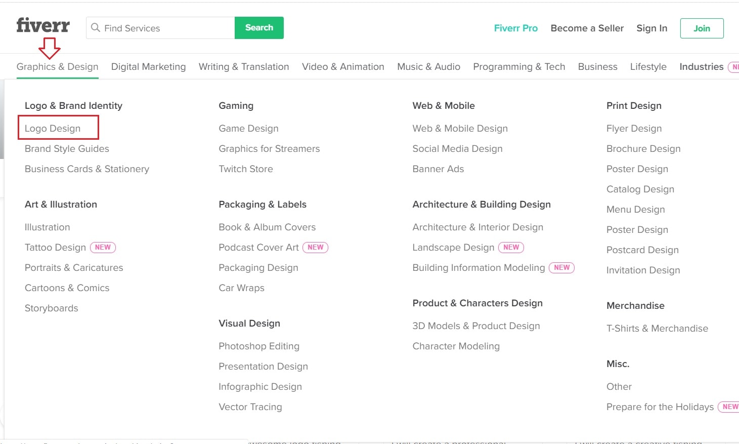 Fiverr screenshot - Graphics and Design menu