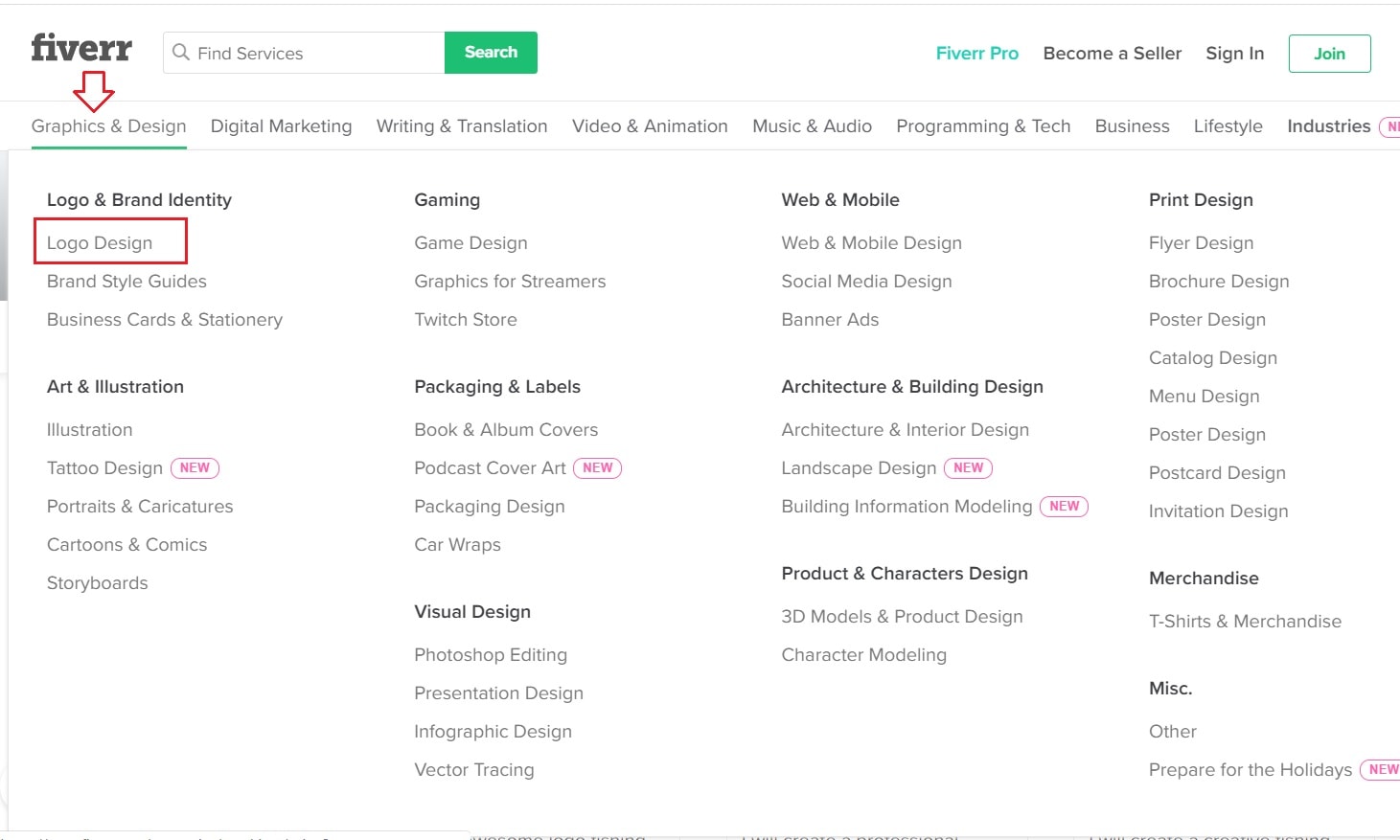 Fiverr screenshot - Graphics & Design menu