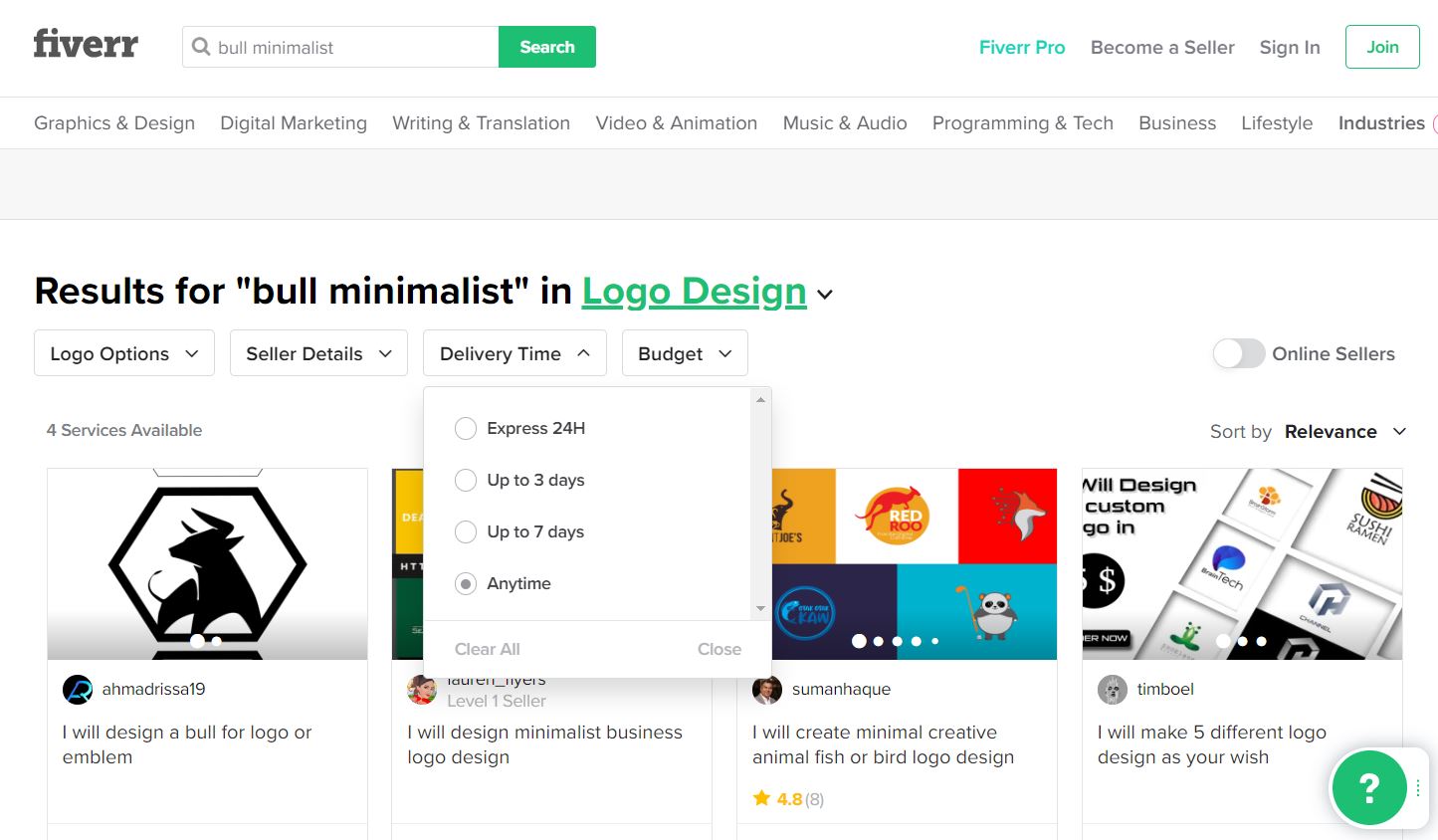 Fiverr screenshot - Bull logo designers