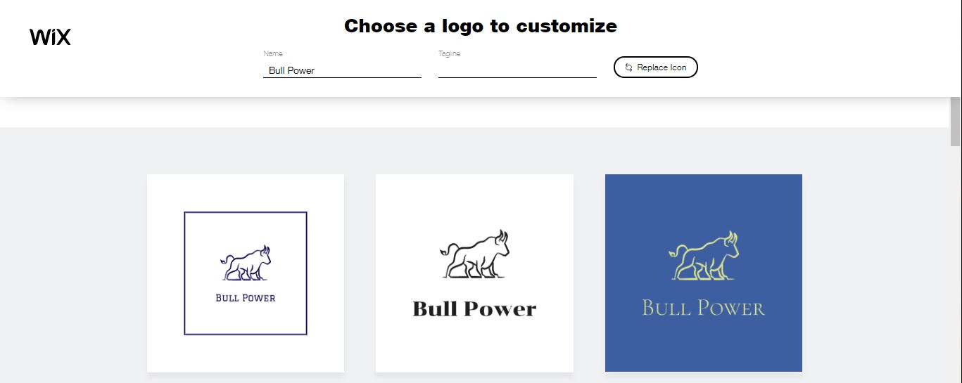 Wix Logo Maker screenshot - AI-generated bull logos