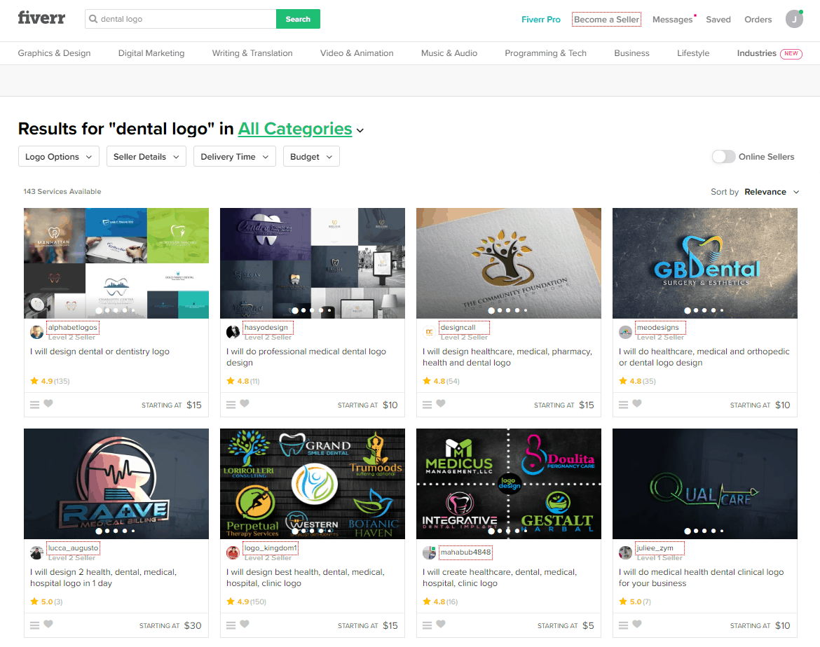 Fiverr screenshot - Dental logo designers