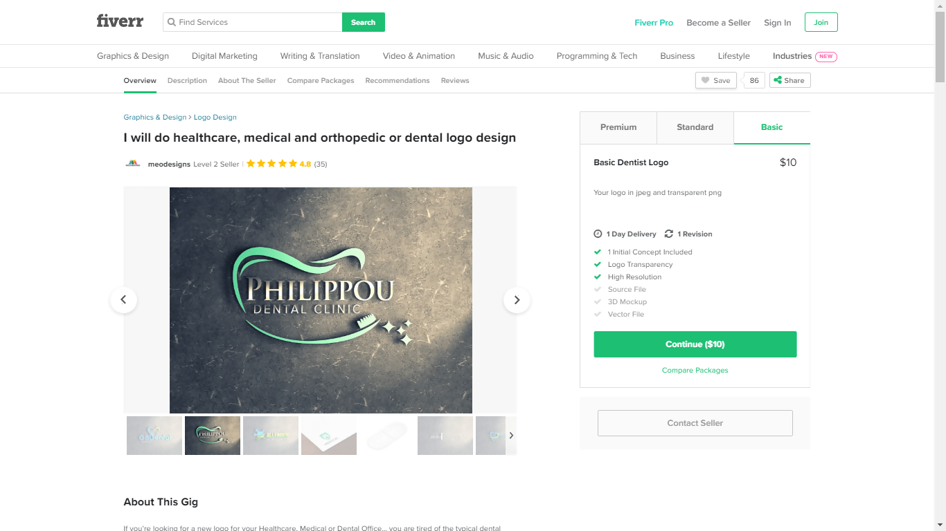 Fiverr screenshot - Dental logo designer profile