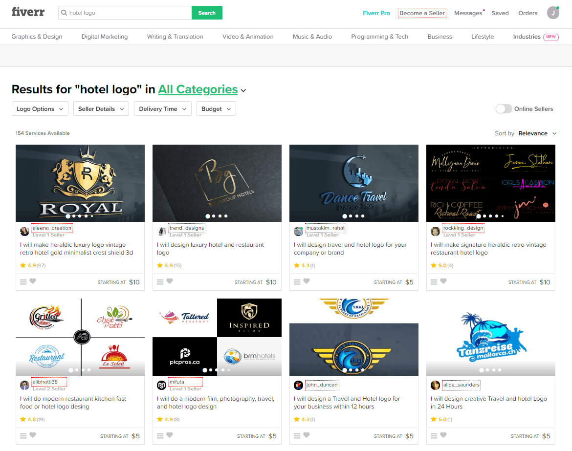 Fiverr screenshot - Hotel logo designers