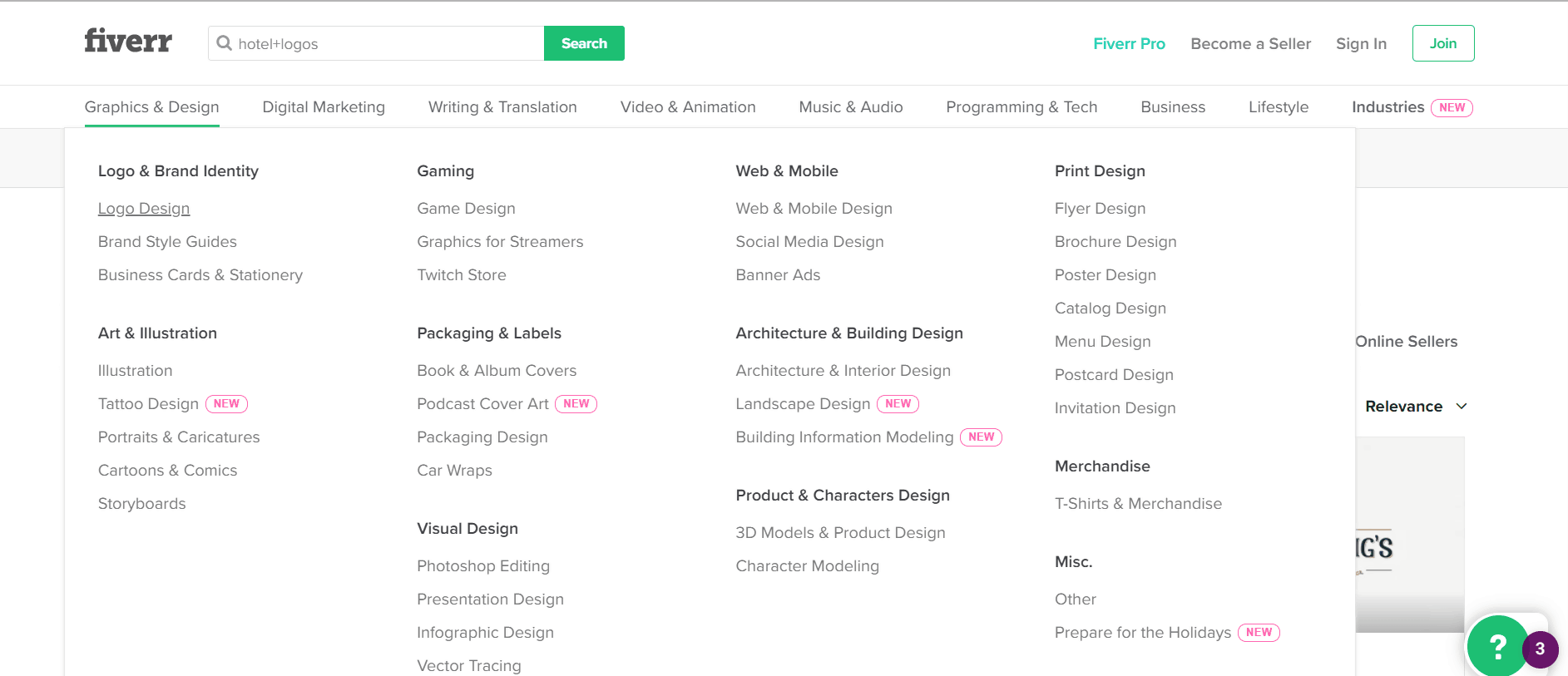 Fiverr screenshot - Graphics and Design menu