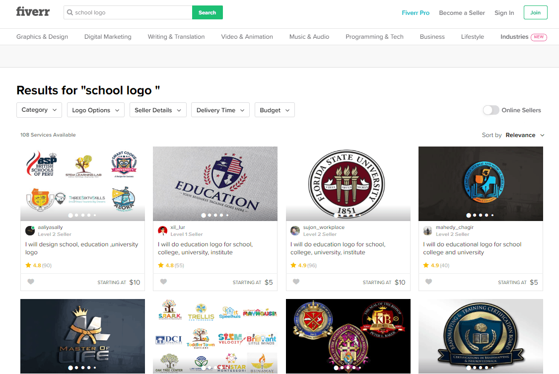 Fiverr screenshot - school logo designers