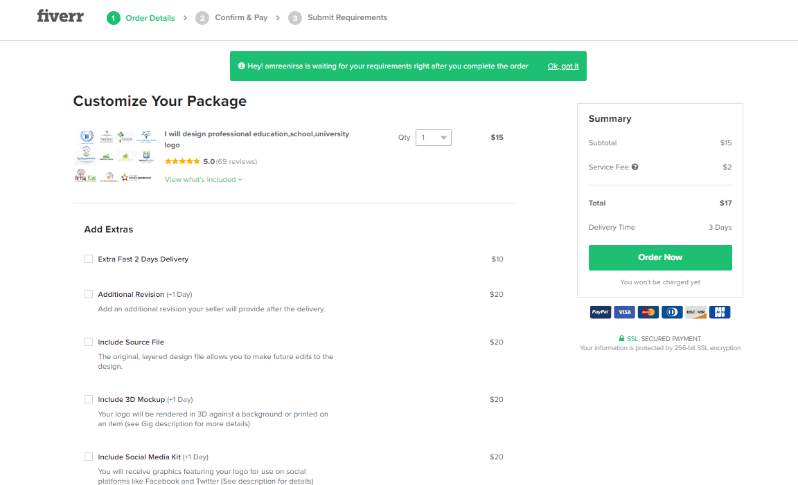 Fiverr screenshot - Customize Your Package