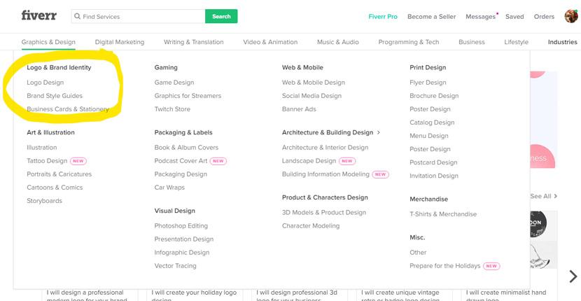 Fiverr screenshot - Graphics & Design menu