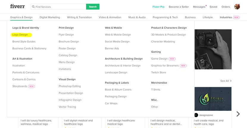 Fiverr screenshot - Graphics and Design menu