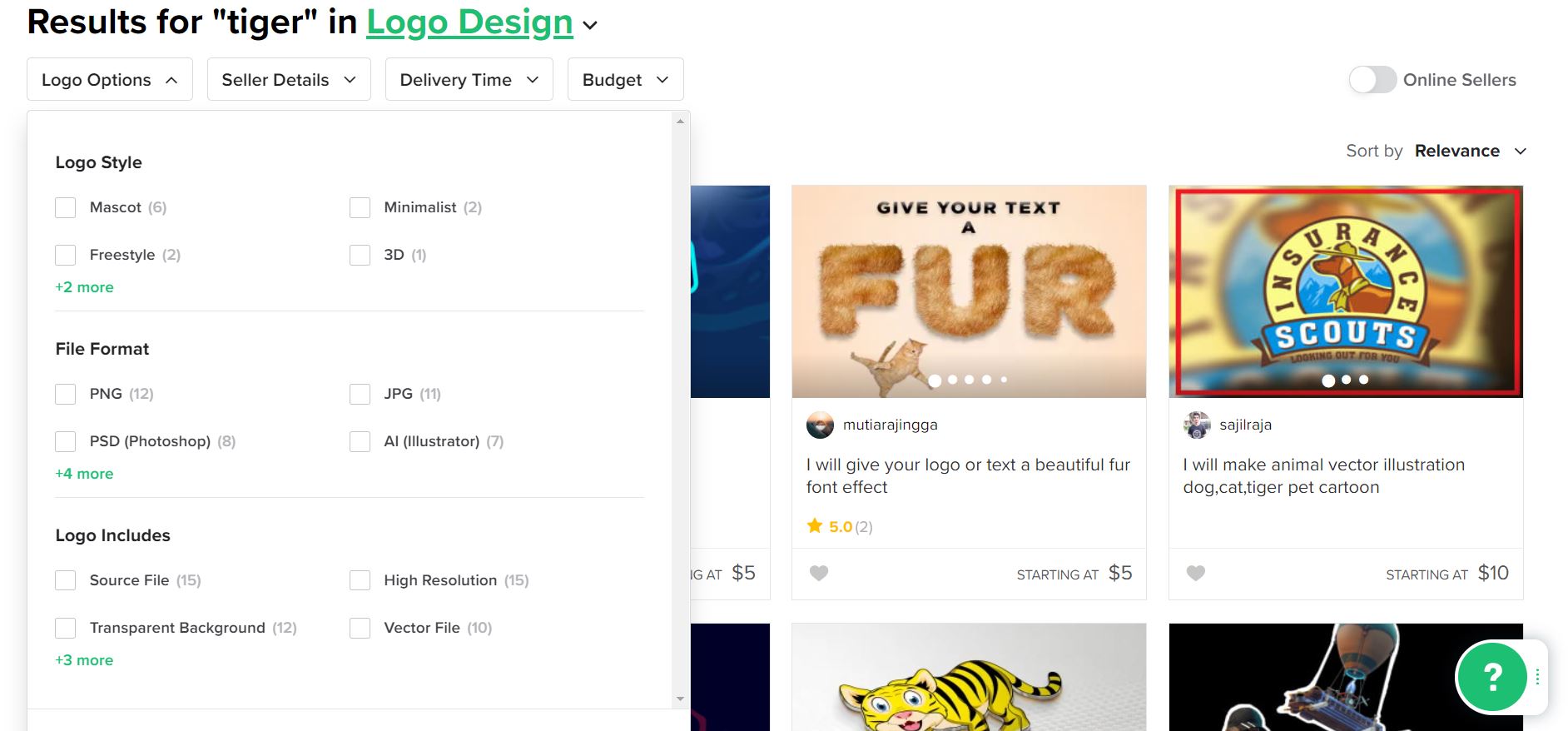 Fiverr screenshot - Tiger logo designers