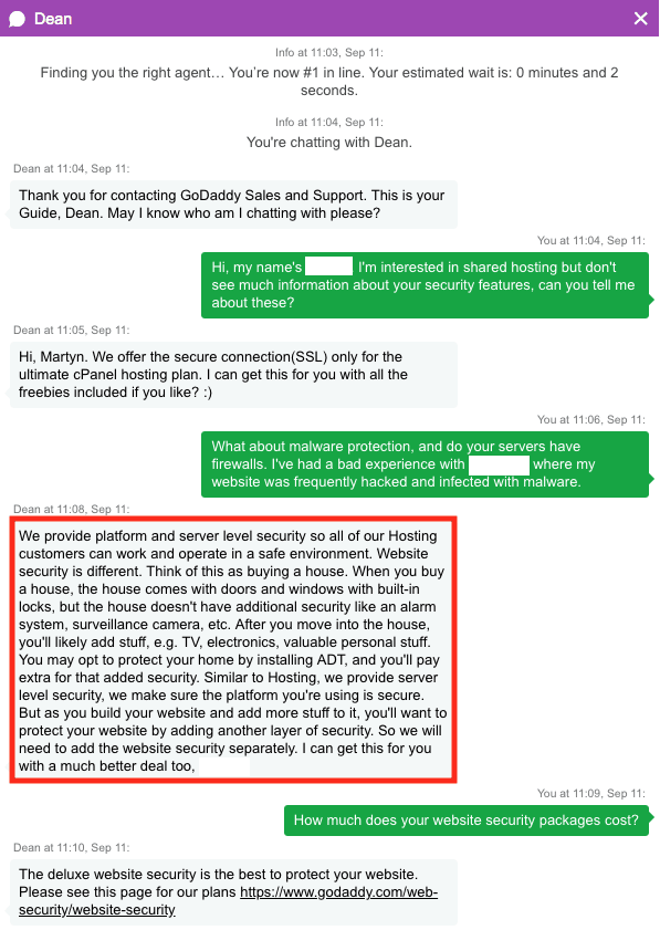 GoDaddy’s website security policy as told by customer support