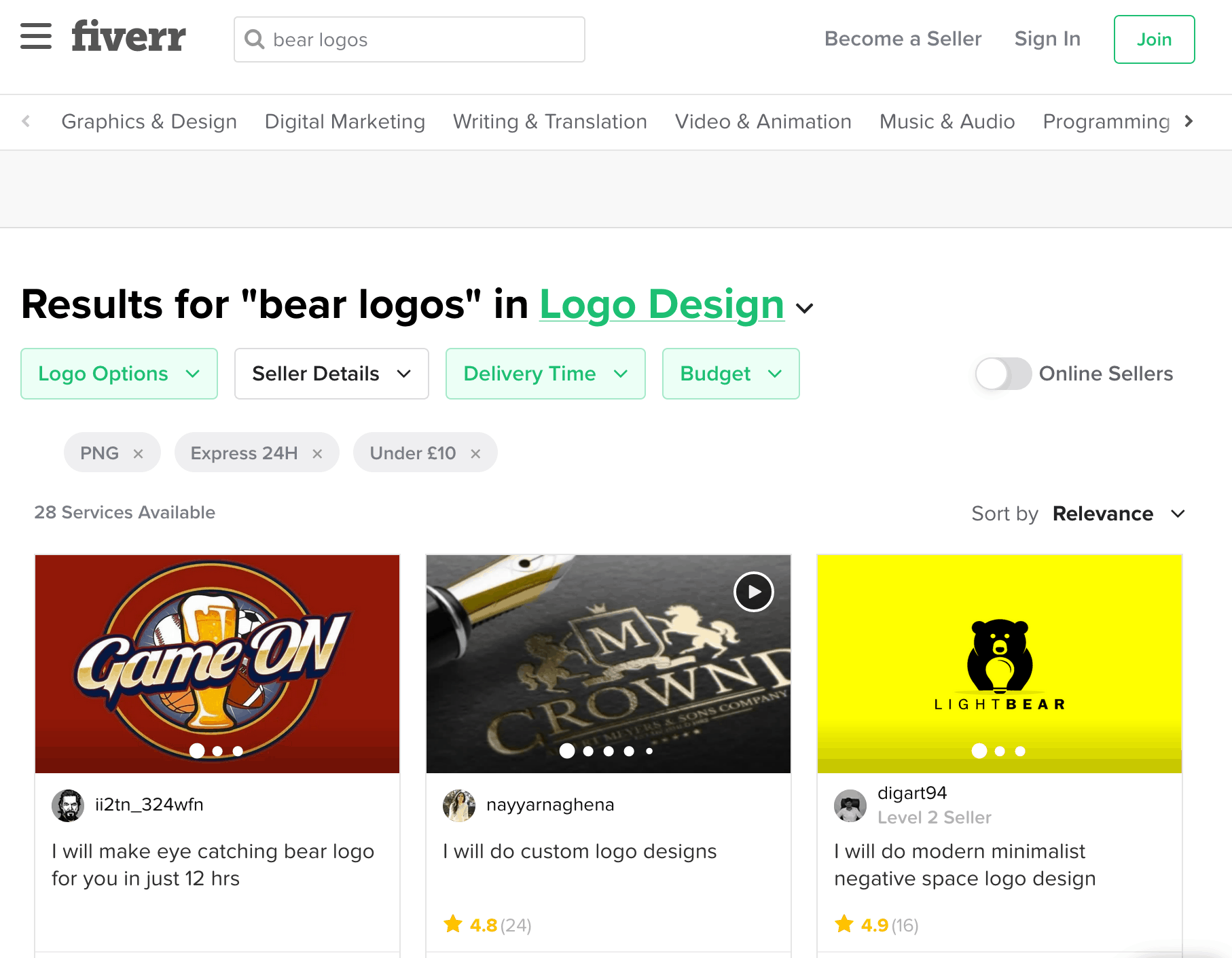 Fiverr screenshot - bear logo designers