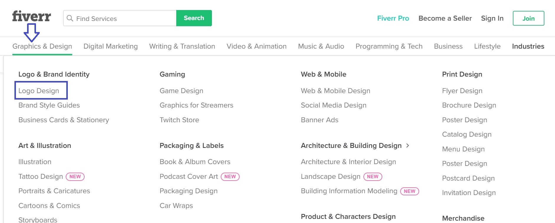 Fiverr screenshot - Graphics and Design menu