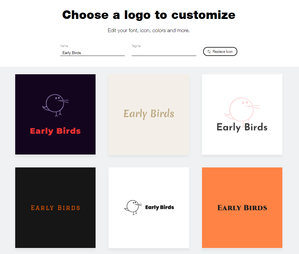 Wix Logo Maker screenshot - AI-generated bird logos