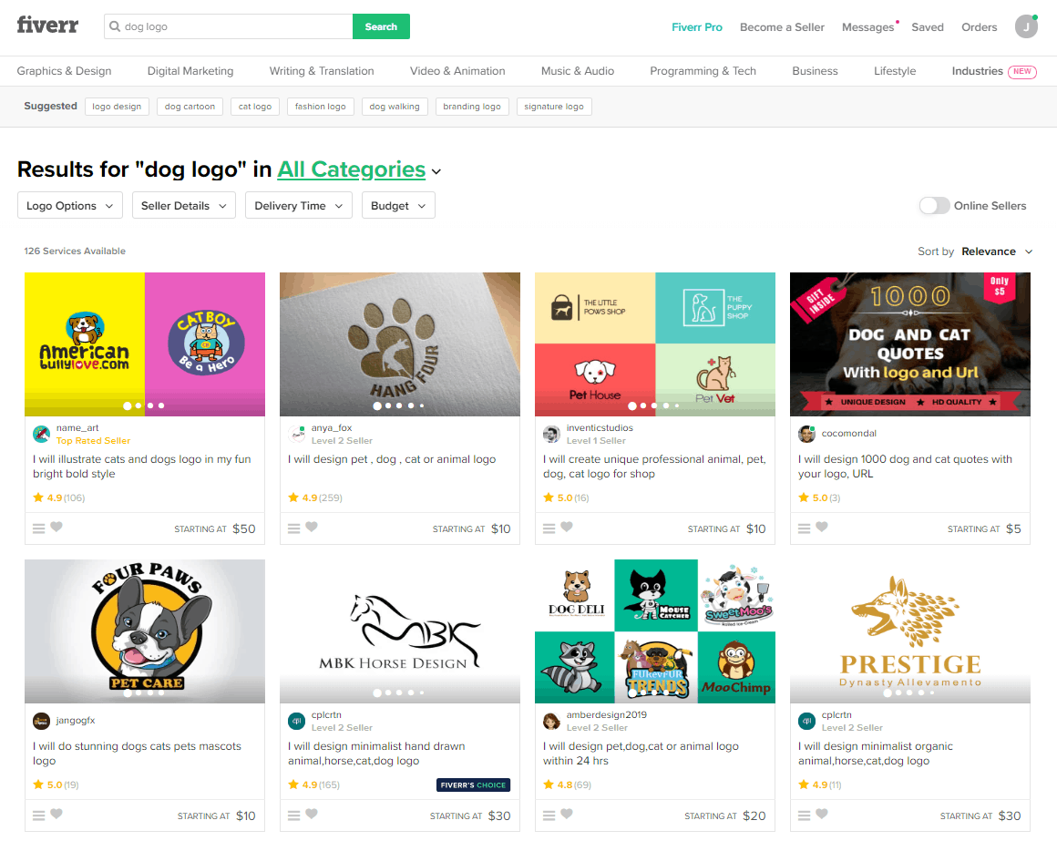 Fiverr screenshot - Dog logo designers