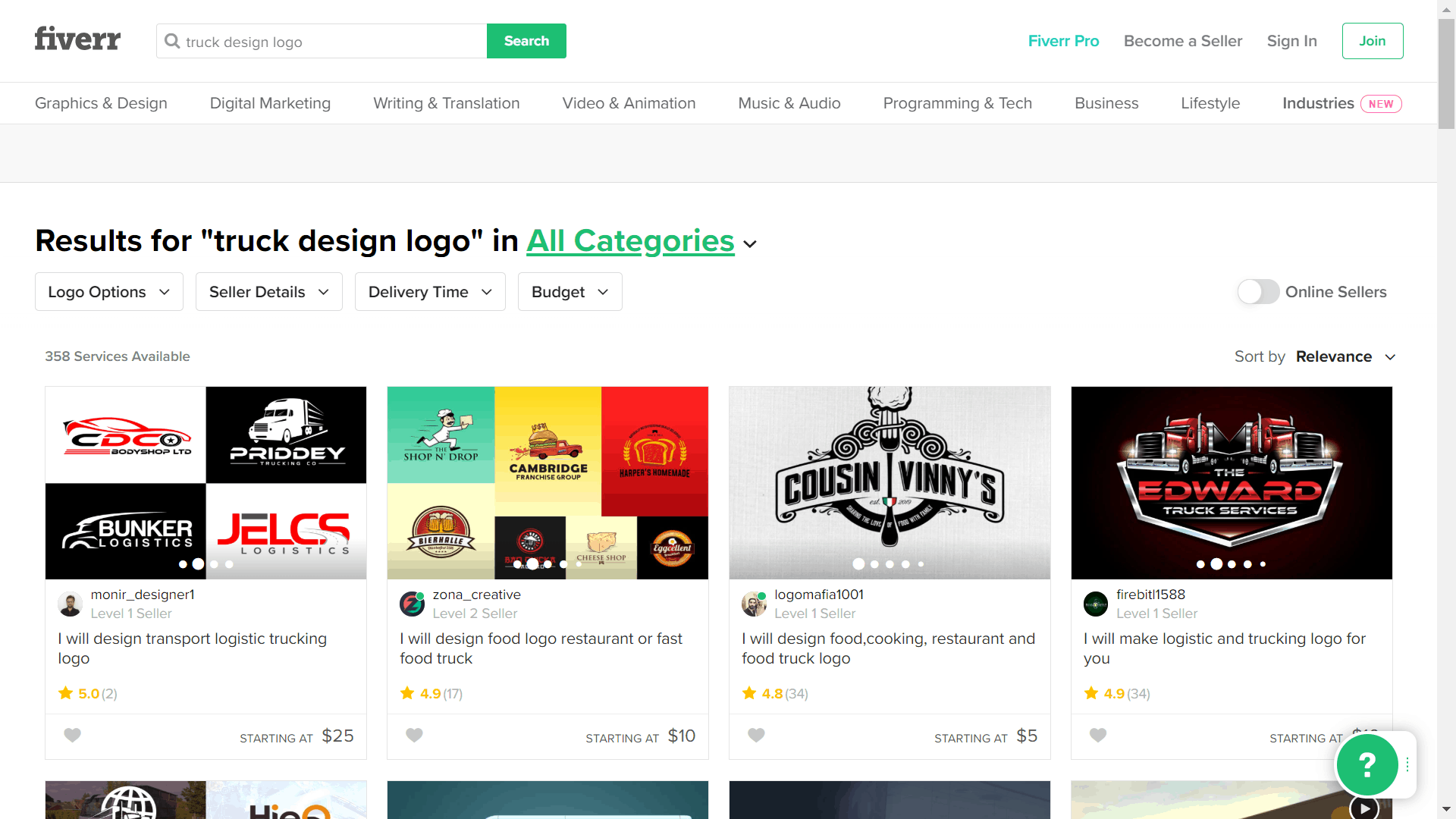 Fiverr screenshot - Truck logo designers