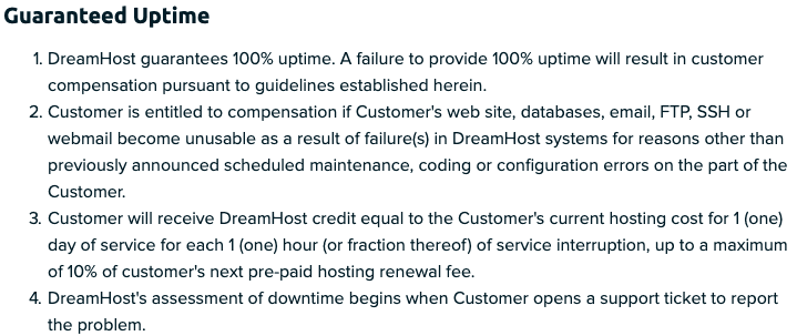 DreamHost’s 100% uptime guarantee policy