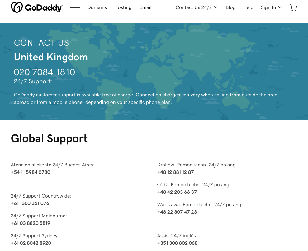 GoDaddy Global Support page