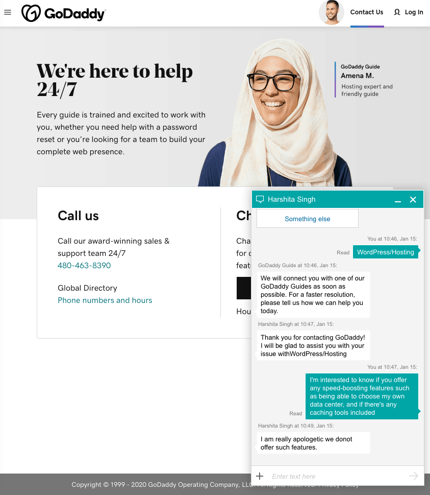 GoDaddy live chat support screenshot
