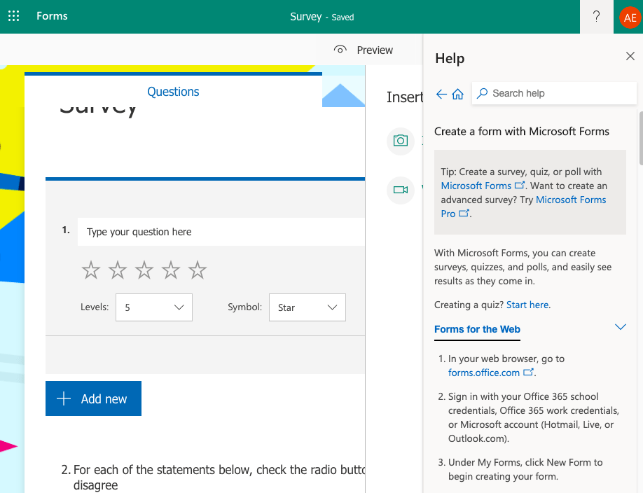 Microsoft Forms screenshot - Help menu